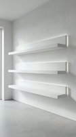 Modern white floating shelves with LED backlighting mounted on textured wall in minimalist interior room with concrete floor and natural light.