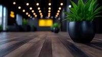 Wooden table surface with decorative plant in black pot and blurred string lights background creating cozy restaurant atmosphere. Modern interior design setting.