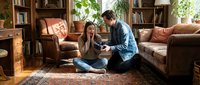 Young couple relaxing together on living room floor with laptop, surrounded by cozy home library and houseplants in warm natural lighting.