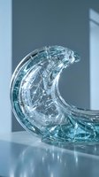 Transparent glass wave sculpture with cracked texture on modern surface with soft lighting and shadows for contemporary interior design concepts.