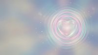 Glowing heart with rainbow circles on dreamy pastel background with sparkles for romantic designs and love concepts.