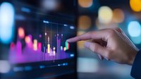 Financial analyst pointing at glowing stock market chart with colorful candlestick graph on digital screen, blurred bokeh background shows trading data analysis.