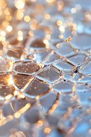 Macro shot of crystalline structure with golden bokeh lights creating magical sparkle effect on metallic hexagonal surface, suitable for luxury backgrounds.