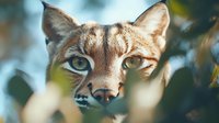 Close up portrait of wild lynx with intense blue eyes and distinctive facial features peering through autumn foliage in natural forest habitat.