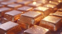 Chocolate bar squares with golden light effect and bokeh background, macro close up view showing texture and shine for food photography and confectionery marketing.