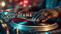 Professional DJ hand operating turntable at nightclub with colorful lighting and mixing console for electronic music performance and entertainment events.