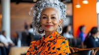 Elegant mature woman with natural gray curly hair wearing vibrant orange blouse smiles confidently in modern office setting, representing authentic aging and professional success.