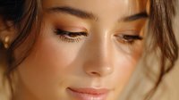 Young Caucasian woman with natural makeup and glowing skin in warm golden light. Professional beauty portrait for skincare and cosmetics advertising.