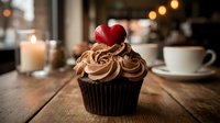 Chocolate cupcake with swirled frosting topped with red heart decoration on rustic wooden table with candle and coffee cup in cozy cafe setting.
