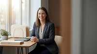 Professional businesswoman in dark suit sitting at modern office desk with laptop and plant, smiling confidently in bright workspace for corporate success.
