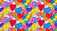 Colorful cartoon hearts seamless pattern with smiling faces and various textures. Bright rainbow love symbols for Valentine's Day designs and romantic projects.