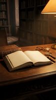 Open blank book on vintage wooden desk with lamp, glasses and magnifier in cozy dark library, warm atmospheric scholarly study scene.