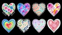 Watercolor heart collection with floral, mandala, rainbow, and splash designs, isolated on transparent background, for stickers, t-shirts, and print on demand.