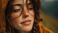 Young woman with freckles and windswept hair wearing orange hoodie in natural outdoor light with peaceful expression and closed eyes.