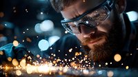 Bearded craftsman in protective glasses working with metal, creating bright sparks and light effects against dark background. Professional metalworking process.