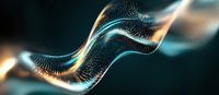 Abstract glowing wave of luminous particles flowing on dark background with golden and turquoise light effects creating dynamic motion pattern.
