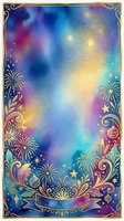 Vibrant watercolor gradient background with gold ornamental border, fireworks, stars, and decorative flourishes. Isolated design element for invitations, posters, and celebrations.