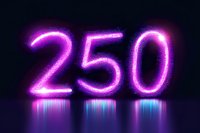 Glowing purple neon number 250 with electric light effect and reflection on dark background for anniversary celebration and milestone events.
