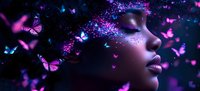 Young African American woman profile with glowing skin surrounded by magical purple and blue butterflies, sparkles and ethereal light effects against dark background.