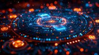 Futuristic circular interface with glowing blue and orange elements creates dynamic tech visualization perfect for cybersecurity, AI, and digital transformation concepts.