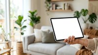 Woman holding tablet with blank screen in modern living room with plants and natural light for web design mockup.