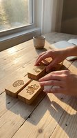 Hands arranging wooden blocks engraved with wellness symbols including lotus, brain, and meditation icons on a rustic table in warm sunlight.