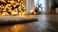 Cozy wooden floor with soft gray rug and warm golden bokeh lights from decorated tree in blurred background, creating festive holiday ambiance for seasonal home decor projects.