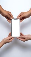 Multiple hands protecting smartphone with blank screen in teamwork gesture for mobile app presentation and digital security concepts.