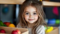 Young Caucasian girl with long blonde hair smiling in colorful classroom or daycare setting with educational toys and learning materials in background.