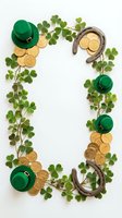 Flat lay frame with green leprechaun hats, golden coins, horseshoes and clover leaves arranged in rectangular border on white background for St. Patrick's Day celebrations and holiday designs.