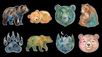 Watercolor bear illustrations set with brown, green, and pink bears, paw prints, and forest landscape elements isolated on transparent background. Ready for t-shirt designs, stickers, clipart, sublimation, print-on-demand products and digital crafts.