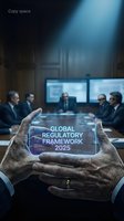 Business executive hands holding futuristic holographic display showing Global Regulatory Framework 2025 in corporate boardroom meeting with colleagues.