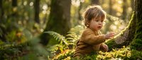 Curious toddler boy exploring moss-covered tree trunk in enchanted forest during golden hour sunlight filtering through lush green foliage and ferns.