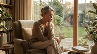 Middle-aged woman with blonde hair sitting in armchair by large window, looking thoughtfully outside at garden view. Warm natural light fills cozy reading nook with books and potted plants. Contemplative mood suggests relaxation, mindfulness, or peaceful solitude at home.