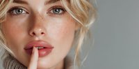 Close-up portrait of young woman with freckles and blonde hair making silence gesture with finger on lips against gray background.