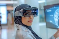 Middle Eastern woman in hijab wearing augmented reality headset in modern laboratory environment, interacting with digital interface.