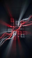 Abstract neon light waves and geometric shapes flowing through dark space with red and white glowing lines, suitable for technology and digital design projects.