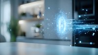 Glowing blue digital portal with streaming data particles in modern office space, representing technological advancement and digital transformation.