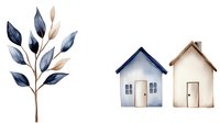 Watercolor houses and botanical branch with leaves isolated on white background for home decor, real estate, property design projects.
