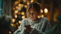 Young woman in cozy knit sweater using smartphone with warm bokeh lights creating intimate evening atmosphere for holiday season communication.