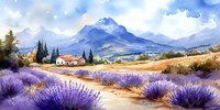 Lavender field landscape with rustic cottage, mountains and blue sky, watercolor countryside scenery for home decor, travel art and nature backgrounds.