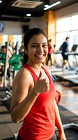 Happy young Hispanic woman giving thumbs up in modern gym with fitness equipment and people exercising in background during workout session.