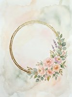 Gold circular frame adorned with pink roses, lavender, and eucalyptus leaves on watercolor background. Isolated design element suitable for wedding invitations, greeting cards, and stationery projects.