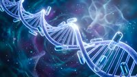 DNA double helix structure floating in cosmic space with glowing blue and purple nebula background for scientific research and biotechnology concepts.