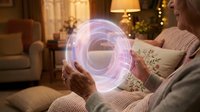 Woman holding glowing holographic sphere in cozy living room with Christmas decorations, futuristic technology concept for smart home automation.