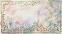 Watercolor background with soft pastel clouds in pink, purple, and blue tones, ornate vintage botanical border frame with delicate flourishes and leaves, isolated on white for design projects.