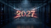 Futuristic data center server room with glowing neon 2027 numbers floating in digital space, representing technology advancement and future computing concepts.