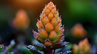 Macro shot of orange ginger flower bud covered in morning dew drops against dark blurred background, showing delicate water droplets on exotic tropical plant.