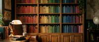 Cozy home library with colorful books organized by rainbow spectrum on wooden shelves, leather armchair and warm lamp creating perfect reading atmosphere.