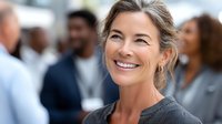 Professional middle-aged businesswoman smiling confidently at corporate networking event with diverse colleagues in background for business presentations.